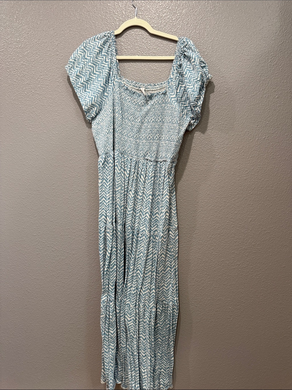 Smocked Chevron Maxi Dress in Light Blue